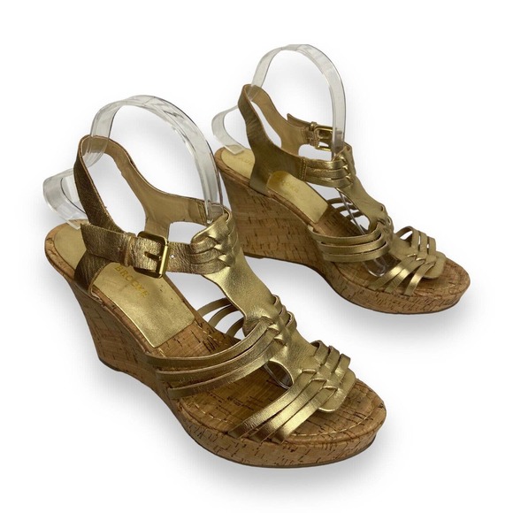 Audrey Brooke Carina Cage Gladiator Wedge High Heel Sz 10M Gold Leather Metallic - Picture 4 of 12